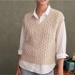 Garnet Hill Cashmere V-Neck Cable Knit Sweater Vest  - Ivory